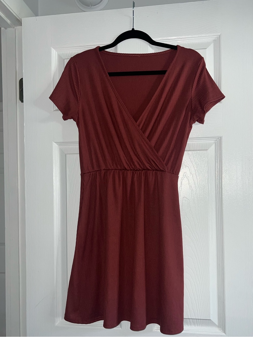 Marshalls Short-Sleeve Ribbed Wrap Mini Dress - Rusty Red/Burgundy